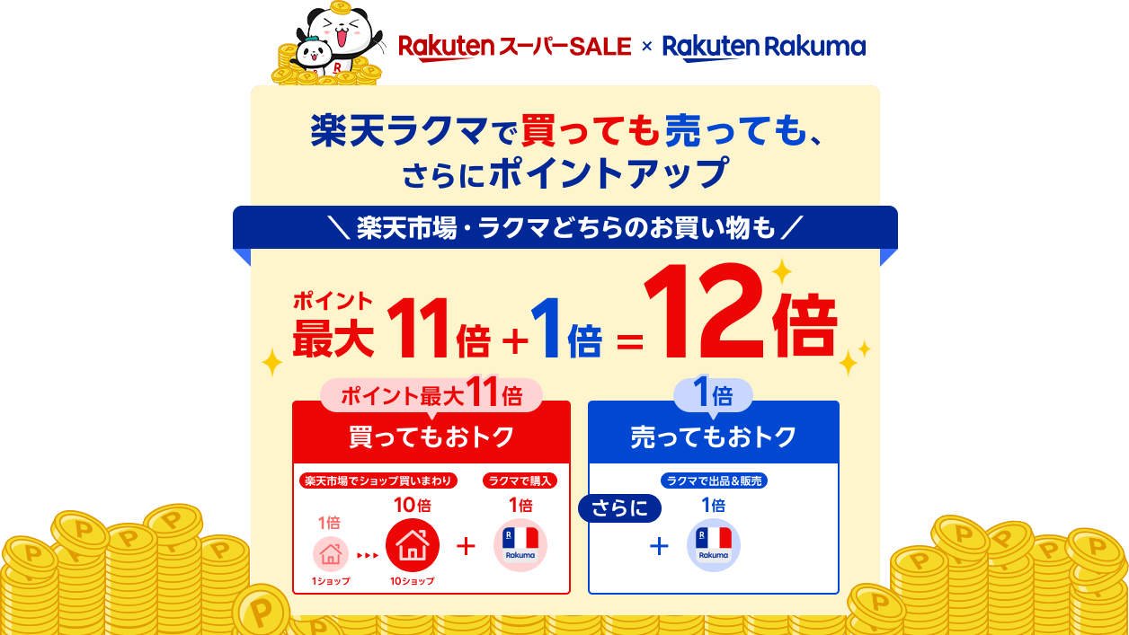 RakutenスーパーSALE × RakutenRakuma 楽天ラクマで買っても売っても、さらにポイントアップ 楽天市場・ラクマどちらのお買い物も ポイント最大11倍+1倍=12倍