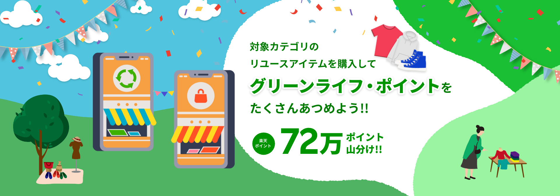 対象カテゴリのリユースアイテムを購入してグリーンライフ・ポイントをたくさんあつめよう!!楽天ポイント72万ポイント山分け!!